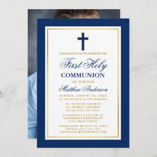 Invitation Elégant Blue Gold First Holy Communion Photo