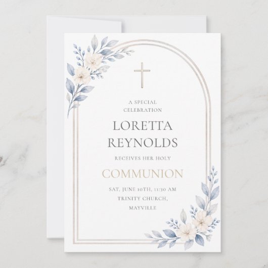 Invitation Elegant Blue Gold Floral Arch Holy Communion (Devant)