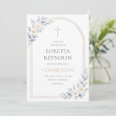 Invitation Elegant Blue Gold Floral Arch Holy Communion (Debout devant)