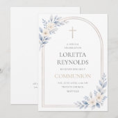 Invitation Elegant Blue Gold Floral Arch Holy Communion (Devant / Derrière)