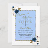 Invitation Elégant Blue Gold Flowers Garçon Baptême (Devant)