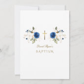 Invitation Elégant Blue Gold Flowers Garçon Baptême (Dos)