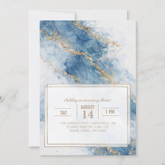 Invitation Elegant Blue Gold Glitter Abstract Flow (Devant)