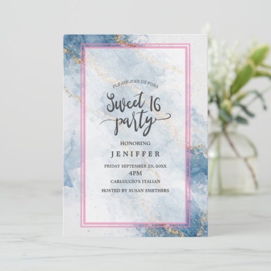 Invitation Elegant Blue Gold Glitter Abstract Flow (Debout devant)