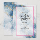 Invitation Elegant Blue Gold Glitter Abstract Flow (Devant / Derrière)