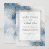 Invitation Elegant Blue Gold Glitter Abstract Flow            (Devant / Derrière)