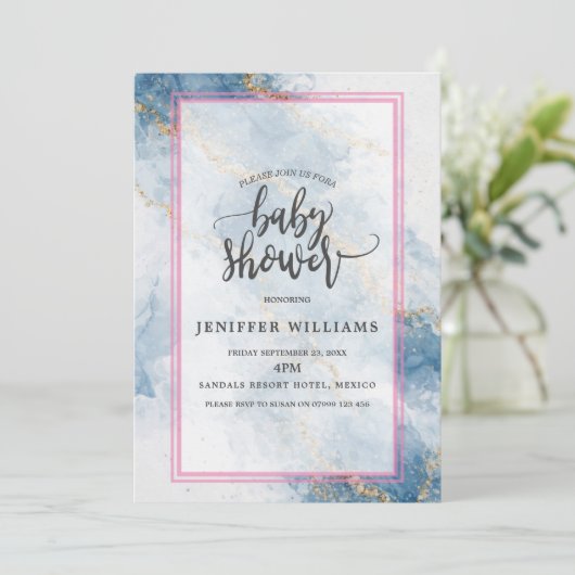 Invitation Elegant Blue Gold Glitter Abstract Flow (Debout devant)