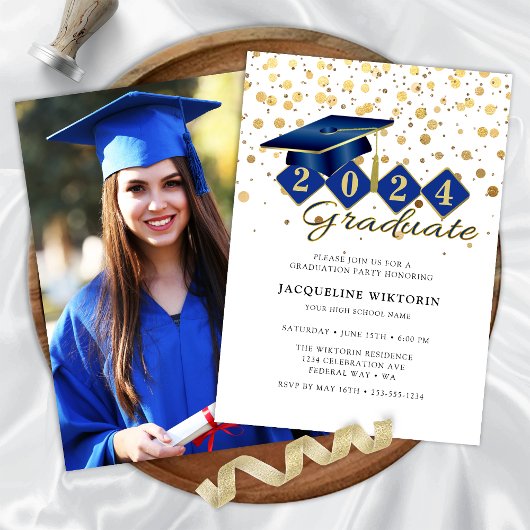Invitation Elégant Blue Gold Graduation Photo Party