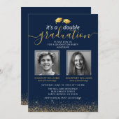 Invitation Elégant Blue Gold Joint Graduation Photo (Devant / Derrière)