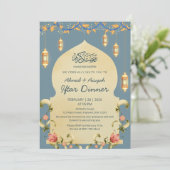 Invitation Elegant Blue Gold Lanterns & Floral Arch Iftar (Debout devant)