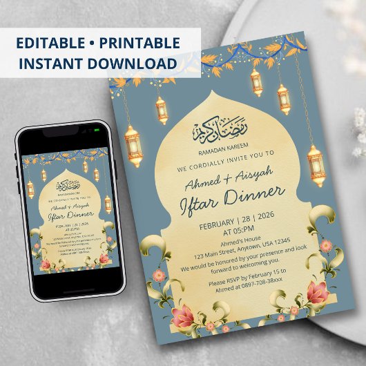 Invitation Elegant Blue Gold Lanterns & Floral Arch Iftar