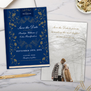 Invitation Elégant Blue Gold Library Mariage Enregistrer la d