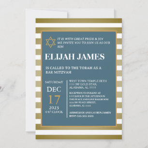 Invitation Elégant Blue Gold Star moderne de David Bar Mitzva