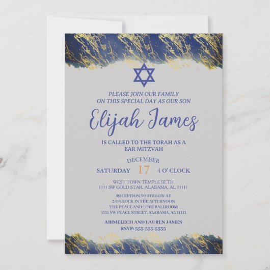 Invitation Elégant Blue Gold Star moderne de David Bar Mitzva (Devant)