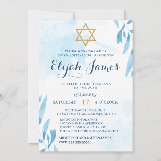 Invitation Elégant Blue Gold Star moderne de David Bar Mitzva (Devant)