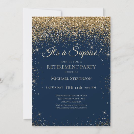 Invitation Elégant Blue Gold Surprise Retraite Party (Devant)