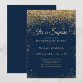 Invitation Elégant Blue Gold Surprise Retraite Party (Devant / Derrière)