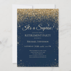 Invitation Elégant Blue Gold Surprise Retraite Party