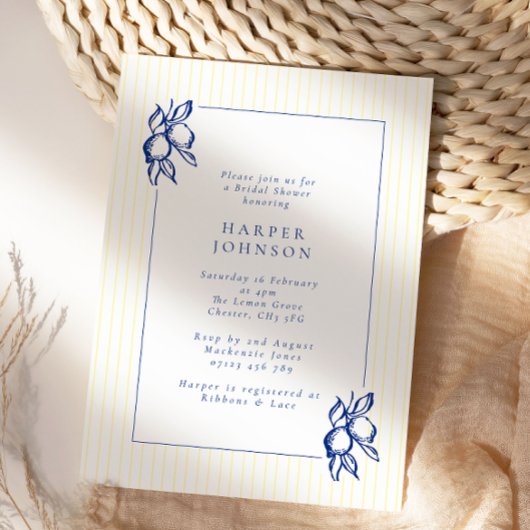 Invitation Elegant Blue Hand Drawn Lemon Amalfi Bridal Shower