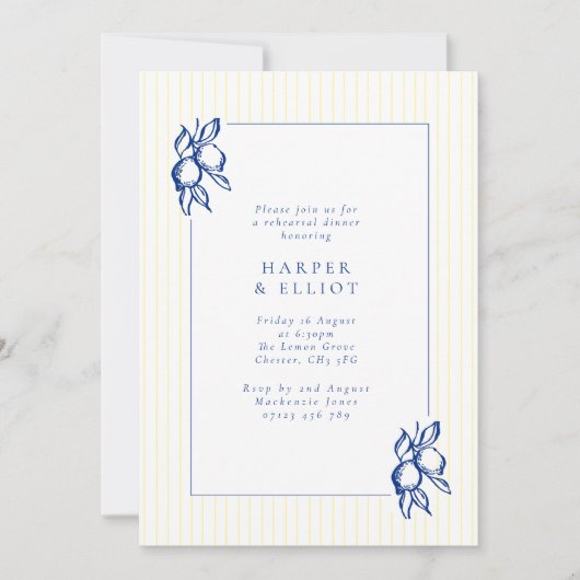 Invitation Elegant Blue Hand Drawn Lemon Rehearsal Dinner (Devant)