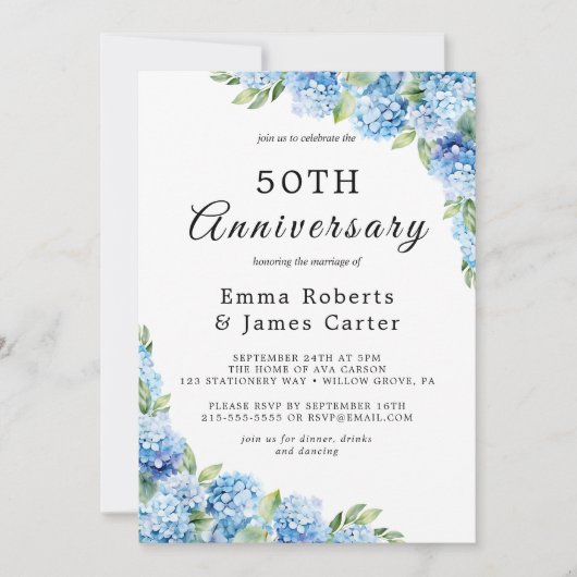 Invitation Elégant Blue Hydrangea 50e anniversaire de Mariage (Devant)