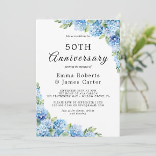 Invitation Elégant Blue Hydrangea 50e anniversaire de Mariage