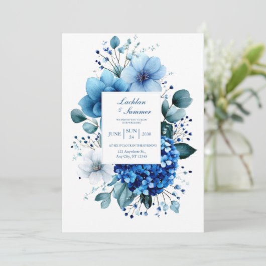 Invitation Elegant Blue Hydrangea Anemone Eucalyptus (Debout devant)