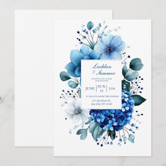 Invitation Elegant Blue Hydrangea Anemone Eucalyptus (Devant / Derrière)