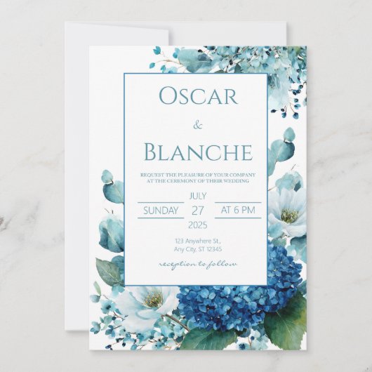 Invitation Elegant Blue Hydrangea Anemone Watercolor Wedding (Devant)