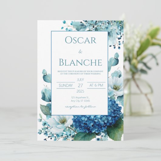 Invitation Elegant Blue Hydrangea Anemone Watercolor Wedding (Debout devant)