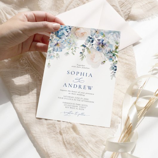 Invitation Elégant Blue Hydrangea & Blush Rose Mariage