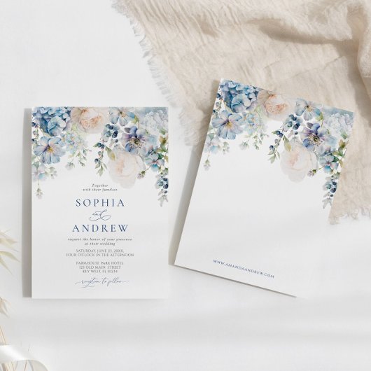 Invitation Elégant Blue Hydrangea & Blush Rose Mariage