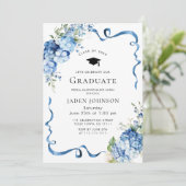 Invitation Elégant Blue Hydrangea Bow Photo Party Graduation (Debout devant)