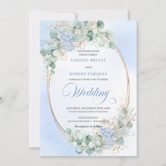 Invitation Elegant Blue Hydrangea Eucalyptus Wheat Wedding  (Devant)