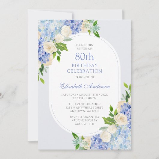 Invitation Elégant Blue Hydrangea Floral 80e anniversaire (Devant)