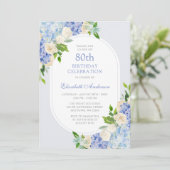Invitation Elégant Blue Hydrangea Floral 80e anniversaire (Debout devant)