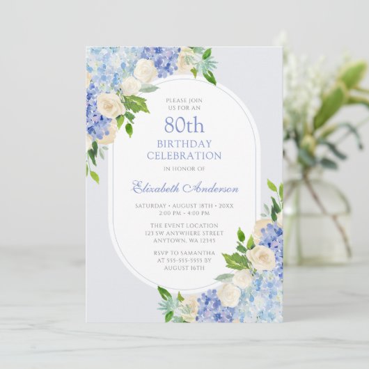 Invitation Elégant Blue Hydrangea Floral 80e anniversaire (Debout devant)