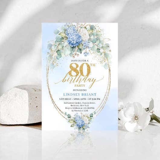Invitation Elegant Blue Hydrangea Floral 80th Birthday Invite