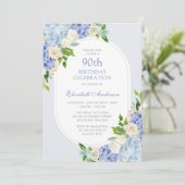 Invitation Elégant Blue Hydrangea Floral 90e anniversaire (Debout devant)