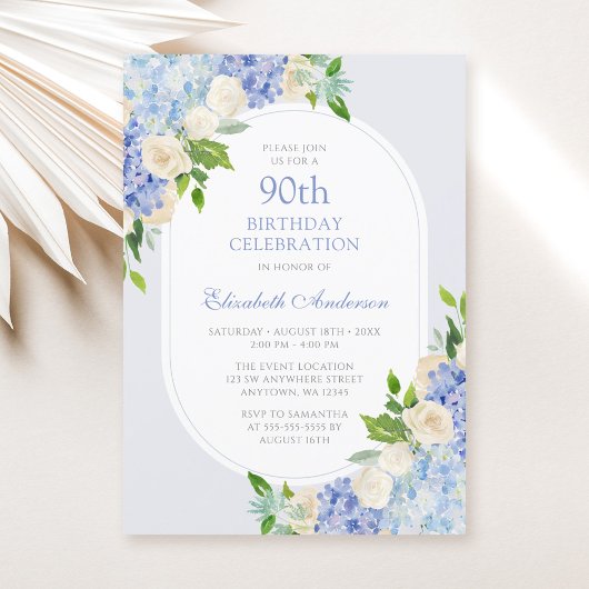 Invitation Elégant Blue Hydrangea Floral 90e anniversaire