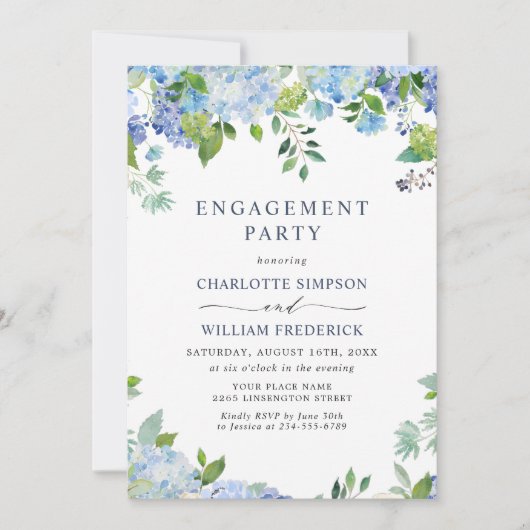 Invitation Élégant Blue Hydrangea Floral ENGAGEMENT PARTY (Devant)