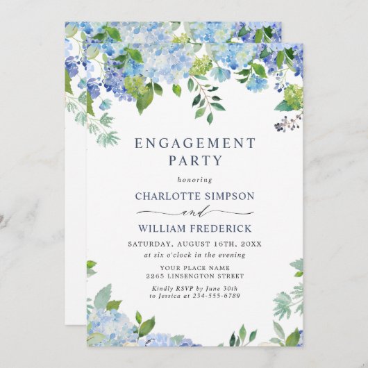 Invitation Élégant Blue Hydrangea Floral ENGAGEMENT PARTY (Devant / Derrière)