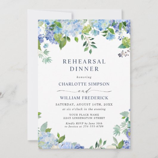 Invitation Elégant Blue Hydrangea Floral REHEARSAL DINNER (Devant)