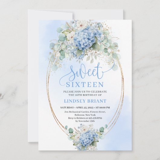 Invitation Elegant Blue Hydrangea Gold Script 16th Birthday (Devant)
