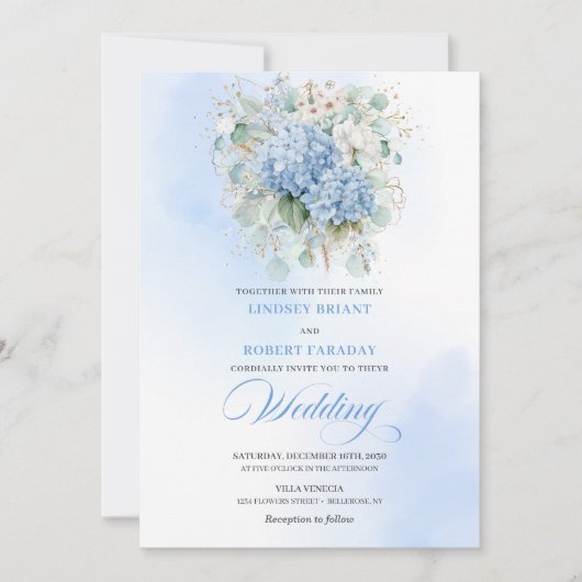 Invitation Elegant Blue Hydrangea Gold Script Wedding Invite (Devant)