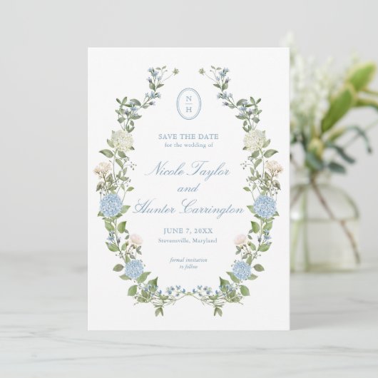 Invitation Elegant Blue Hydrangea Monogram Save the Date (Debout devant)