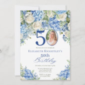 Invitation Elegant Blue Hydrangea Roses Photo Birthday Party (Devant)