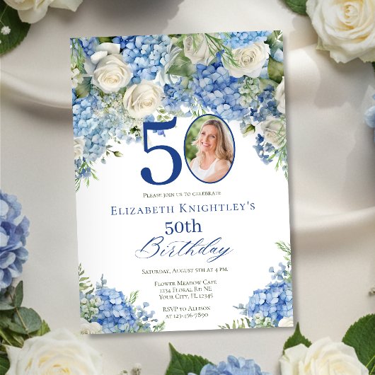 Invitation Elegant Blue Hydrangea Roses Photo Birthday Party