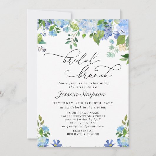Invitation Elégant Blue Hydrangea Watercolor Brunch nuptial (Devant)