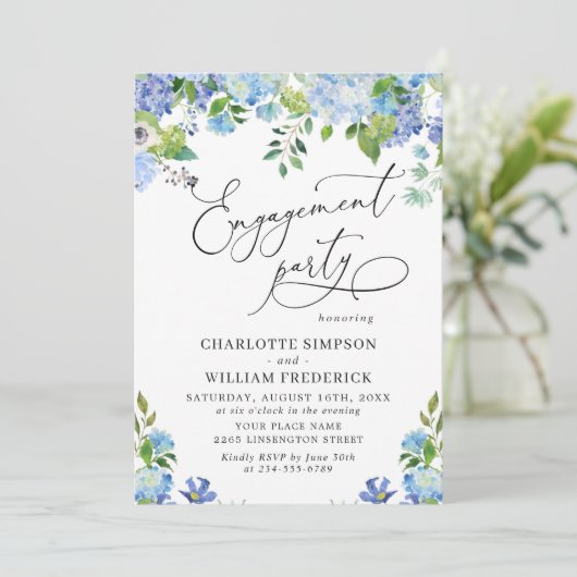 Invitation Elégant Blue Hydrangea Watercolor ENGAGEMENT PARTI (Debout devant)